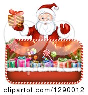 Poster, Art Print Of Welcoming Santa Claus Holding A Christmas Gift Over Framed Presents