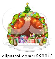 Poster, Art Print Of Christmas Tree Frame Around Red With Bells Candy And Gifts