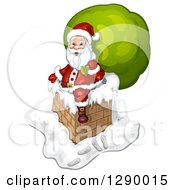 Poster, Art Print Of Santa Claus Holding A Giant Green Sack On A Chimney