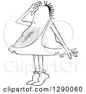 Clipart Of A Hairy Black And White Caveman Standing On His Tip Toes And Shielding His Eyes While Looking At Something Royalty Free Vector Illustration