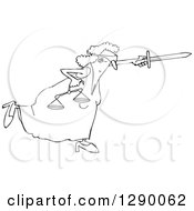 Clipart Of A Black And White Fighting Blindfolded Lady Justice Lunging Forward With Scales And Pointing A Sword Royalty Free Vector Illustration by djart