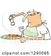 Hungry Chubby White Man Wearing A Bib And Salting A Plate Of Spaghetti