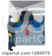 Poster, Art Print Of Faceless Male Mechanic Presenting A Car Up On A Ramp Lift In A Repair Garage