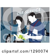 Poster, Art Print Of Faceless Male Technician Taking Notes With A Woman At A Car Service Station