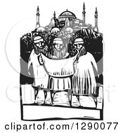 Clipart Of A Black And White Woodcut Scen Of Three Muslim Architects Viewing Blueprint Plans Of A Mosque Royalty Free Vector Illustration by xunantunich