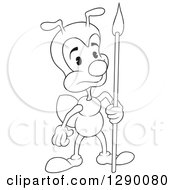 Clipart Of A Black And White Cartoon Guard Ant With A Spear Royalty Free Vector Illustration