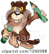 Poster, Art Print Of Happy Walking Beaver Carrying A Broken Green Pencil