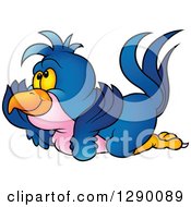 Clipart Of A Cartoon Blue Parrot Resting And Daydreaming On The Floor Royalty Free Vector Illustration