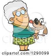 Happy Caucasian Granny Senior Woman Holding A Dog