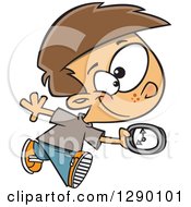 Cartoon Clipart Of A Happy On Time Caucasian Boy Running With A Clock Royalty Free Vector Illustration