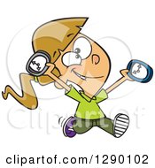 Happy On Time Caucasian Girl Running With Clocks