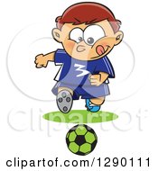 Poster, Art Print Of Focused Sporty Caucasian Boy Playing Soccer