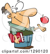 Happy Caucasian Male Teacher Playing With An Apple And Holding A Book