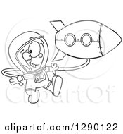 Poster, Art Print Of Black And White Excited Astronaut Boy Floating By A Rocket In Outer Space