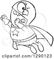 Cartoon Clipart Of A Black And White Chunky Male Super Hero Flying Royalty Free Line Art Vector Illustration