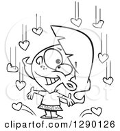 Cartoon Clipart Of A Black And White Happy Girl Under Raining Hearts Royalty Free Vector Line Art Illustration