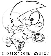 Cartoon Clipart Of A Black And White Happy On Time Boy Running With A Clock Royalty Free Vector Line Art Illustration by toonaday