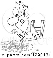 Cartoon Clipart Of A Black And White Focused Man Working On A Jigsaw Puzzle Royalty Free Vector Line Art Illustration by toonaday