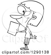 Cartoon Clipart Of A Black And White Happy Woman Submitting An Application Or Article Royalty Free Vector Line Art Illustration