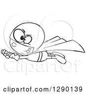 Cartoon Clipart Of A Black And White Super Hero Boy In Flight Royalty Free Vector Line Art Illustration