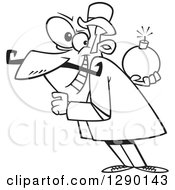 Cartoon Clipart Of A Black And White Villainous Man Holding A Bomb Behind His Back Royalty Free Vector Line Art Illustration by toonaday