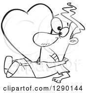Cartoon Clipart Of A Black And White Valentine Heart Crushing A Man Royalty Free Vector Line Art Illustration