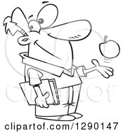 Cartoon Clipart Of A Black And White Happy Male Teacher Playing With An Apple And Holding A Book Royalty Free Line Art Vector Illustration by toonaday