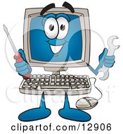 Clipart Picture Of A Desktop Computer Mascot Cartoon Character Holding A Wrench And Screwdriver by Mascot Junction #COLLC12906-0015
