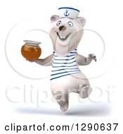 Clipart Of A 3d Gleeful Polar Bear Sailor Jumping With A Honey Jar Royalty Free Illustration