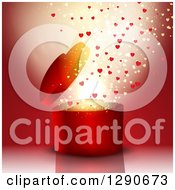Poster, Art Print Of 3d Red Heart Shaped Valentines Day Or Anniversary Gift Box With Magic Lights And Hearts