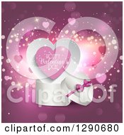 Poster, Art Print Of 3d White Heart Shaped Gift Box With Happy Valentines Day Text Over Purple With Hearts And Sparkles