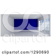 Poster, Art Print Of 3d Empty Room Interior With Floor To Ceiling Windows And A Navy Blue Feature Wall