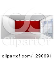 Poster, Art Print Of 3d Empty Room Interior With Floor To Ceiling Windows And A Red Feature Wall