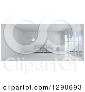 Poster, Art Print Of 3d White Room Interior With Floor To Ceiling Windows And Furniture