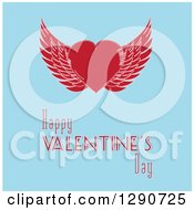Retro Red Winged Love Heart Over Happy Valentines Day Text On Blue