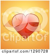 Poster, Art Print Of 3d Reflective Red Valentine Love Heart With Floating Cubes Flares And Pyramids Over Orange