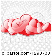 Poster, Art Print Of 3d Floating Reflective Red Valentine Hearts With Love Text Over A Gray And White Grid Background