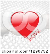 Poster, Art Print Of 3d Reflective Red And White Valentine Hearts With Love Text Over A Gray And White Grid Background