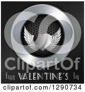 3d Metal Silver Winged Heart Over Perforated Metal In A Chrome Circle On Black With Happy Valenttines Day Text