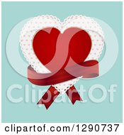 Poster, Art Print Of Red Valentine Love Heart Over A Patterned Doily With A Red Ribbon Over Turquoise