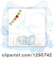 Clipart Of A Easter Text Over 3d Eggs With A Heart Bunting On White Paper Over Clouds And Birds Royalty Free Vector Illustration