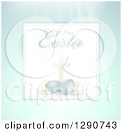Clipart Of A Happy Easter Text Over A Cross And 3d Eggs On Paper Over Rays And Pastel Royalty Free Vector Illustration by elaineitalia