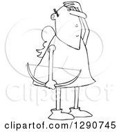 Clipart Of A Black And White Cupid Holding A Bow And Looking Up To Watch His Arrow Royalty Free Vector Illustration