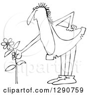 Clipart Of A Black And White Chubby Male Caveman Picking A Daisy Flower Royalty Free Vector Illustration
