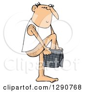 Clipart Of A Bald White Man Putting On Plaid Boxers Royalty Free Illustration by djart