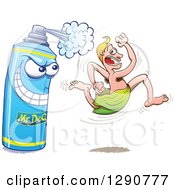 Blond Caucasian Man Running Away Scared From An Aggressive Bottle Of Spray Deodorant