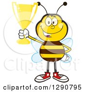 Poster, Art Print Of Happy Honey Bee Holding Up A Gold Trophy