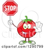 Clipart Of A Happy Tomato Character Gesturing And Holding A Stop Sign Royalty Free Vector Illustration by Hit Toon
