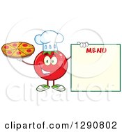 Poster, Art Print Of Happy Tomato Chef Character Holding A Pizza By A Blank Menu