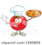 Poster, Art Print Of Happy Tomato Chef Character Holding A Pizza And Gesturing Ok